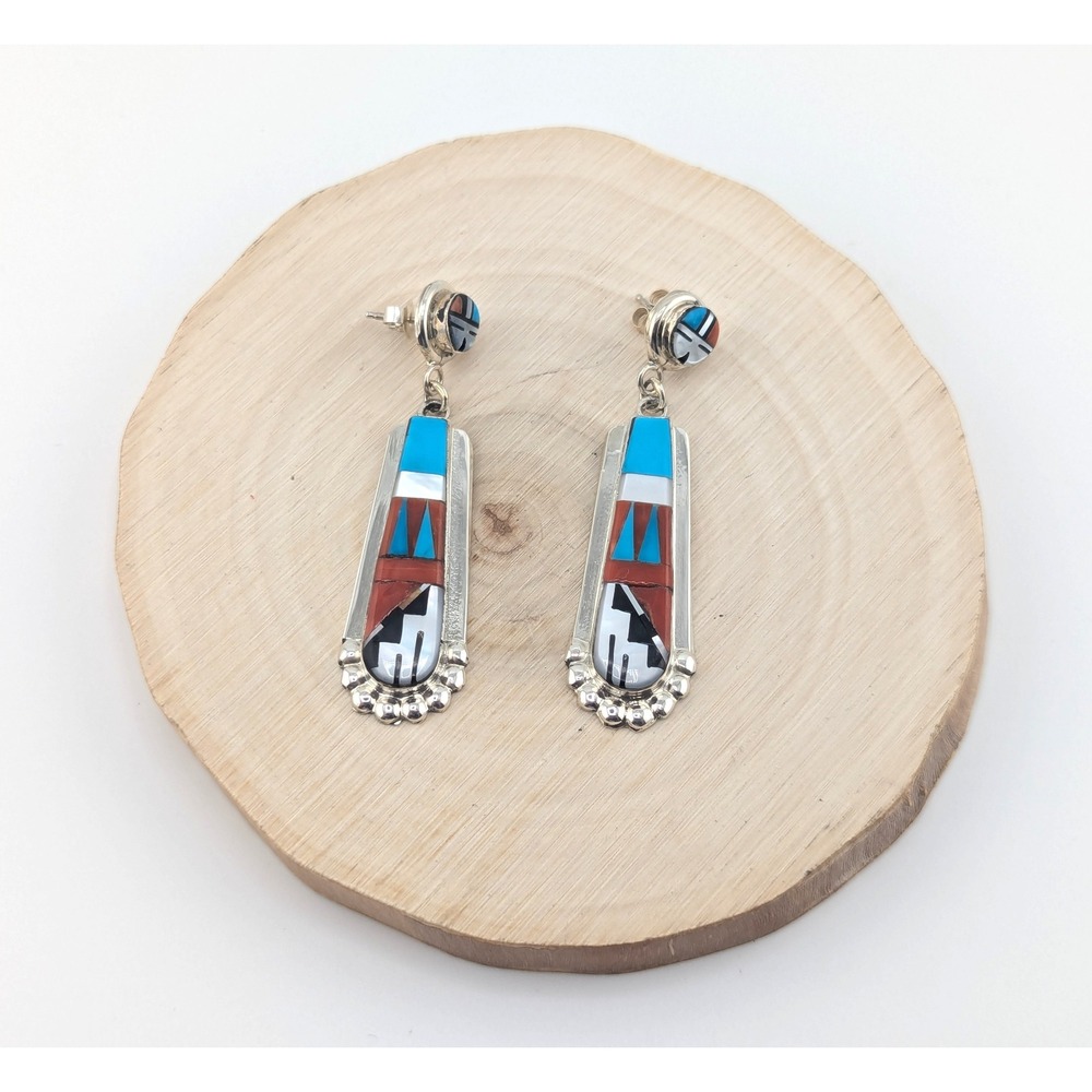 Zuni Multi Stone Inlay Turquoise Drop Earrings Native American Sterling Jewelry* - Picture 7 of 12